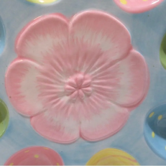 Egg Plate Spring Easter Pastels Floral Ceramic Deviled Egg Plate 8 Sections 10” - Picture 2 of 5